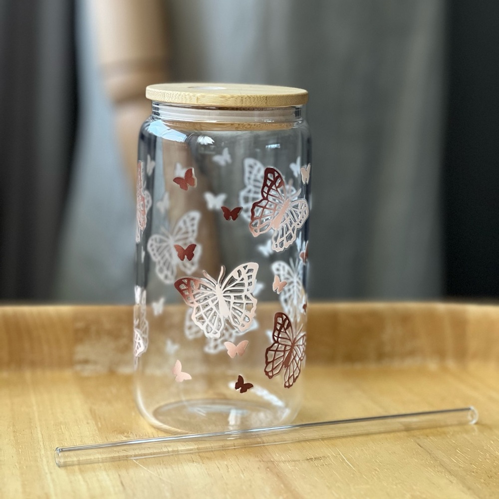16oz butterfly Iced Coffee Glass with Glass Straw and Bamboo Lid